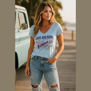 True Religion Buddha V-Neck Tee Artic Blue Size Large NWT